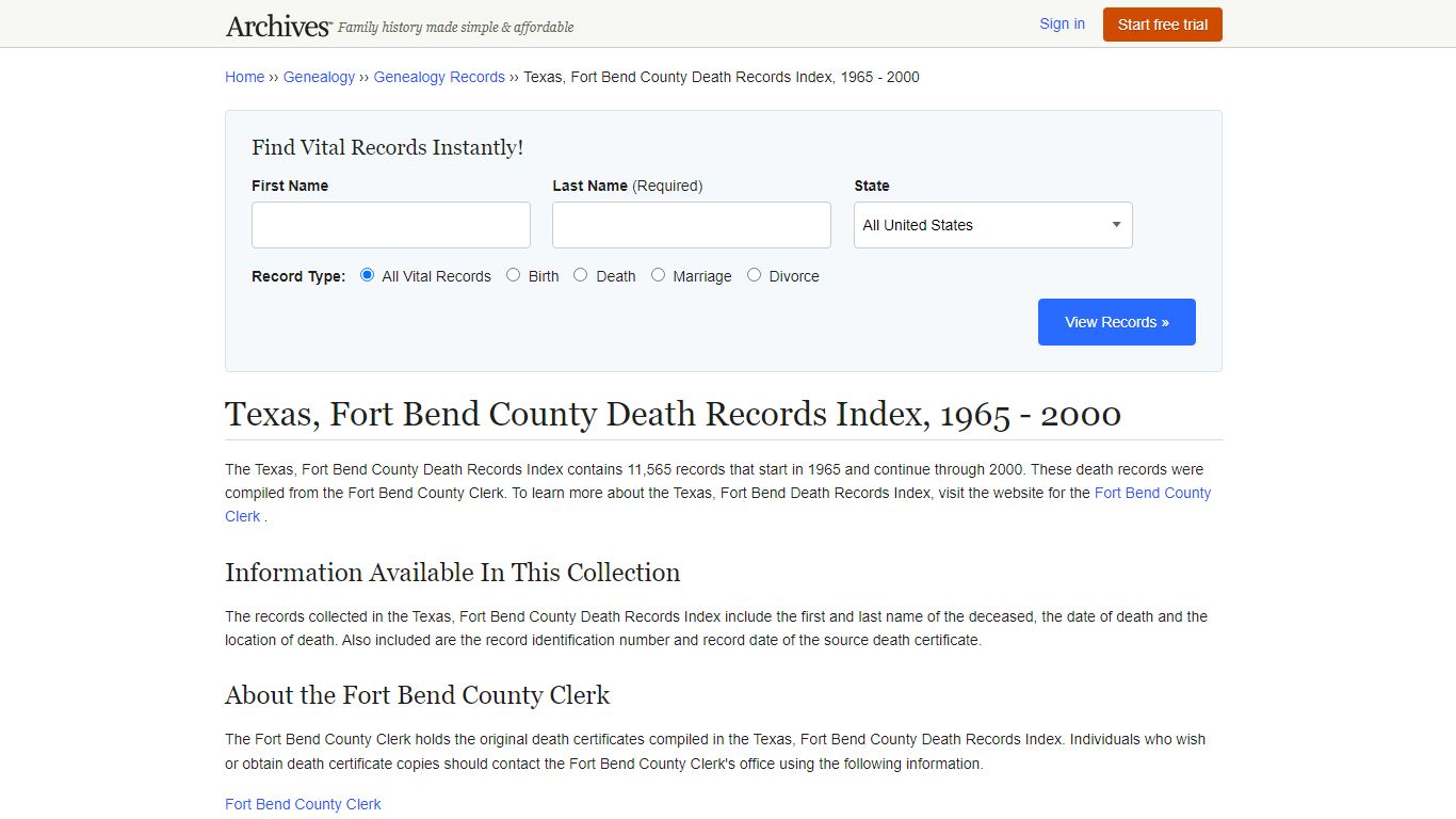 Texas, Fort Bend County Death Records | Search Collections ...